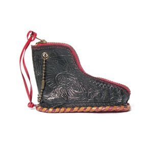 Vintage Coin Purse Tooled Leather Change Holder Pouch Stash Keychain Shoe Black